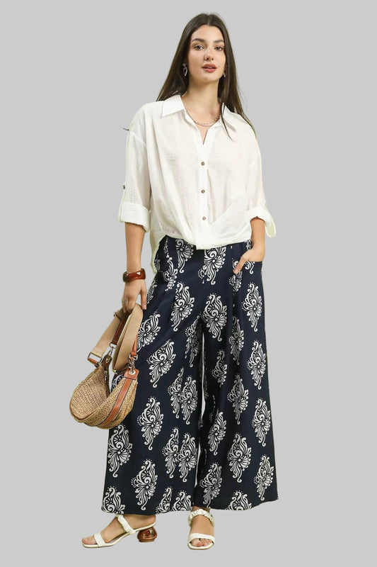 Rylee Boho Damask Wide Leg Pants