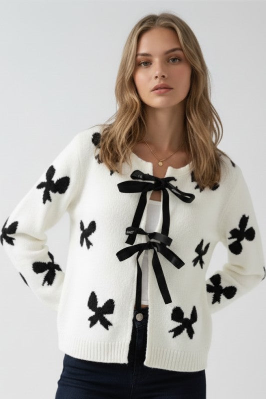 Rylee Bow Print Tie-Front Cardigan Sweater