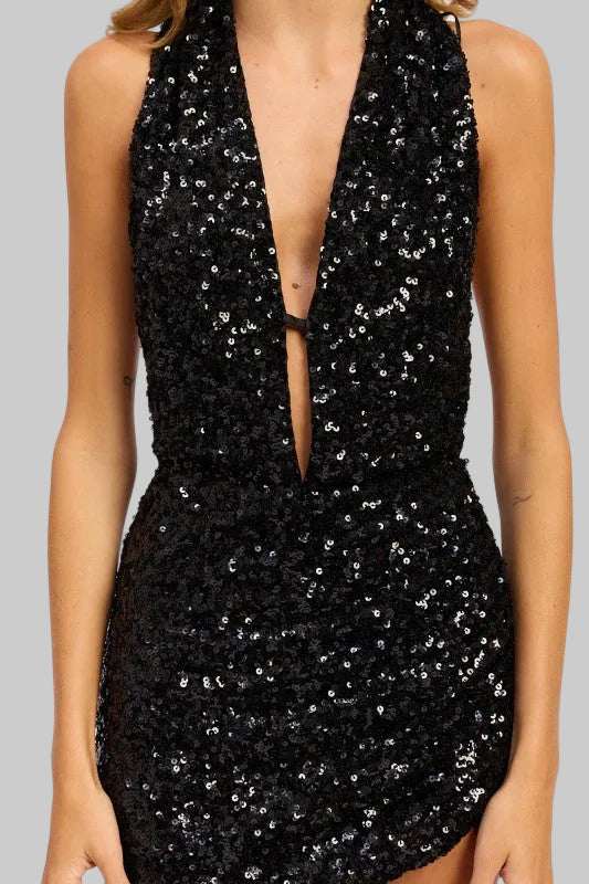 Sage Sequin Halter Scarf Mini Dress