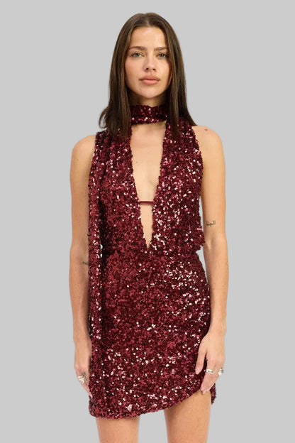 Sage Sequin Halter Scarf Mini Dress