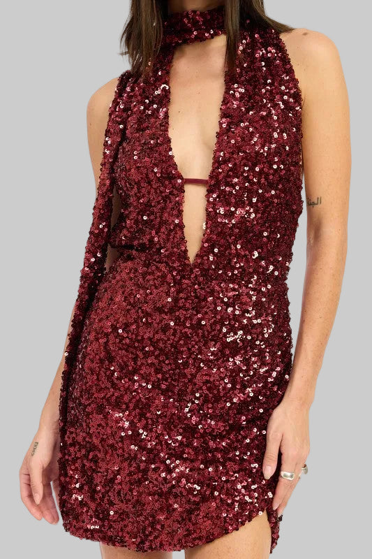 Sage Sequin Halter Scarf Mini Dress