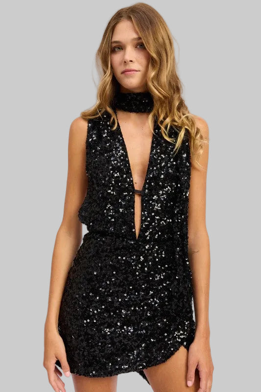 Sage Sequin Halter Scarf Mini Dress