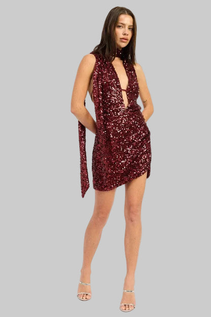 Sage Sequin Halter Scarf Mini Dress
