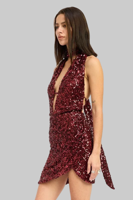 Sage Sequin Halter Scarf Mini Dress