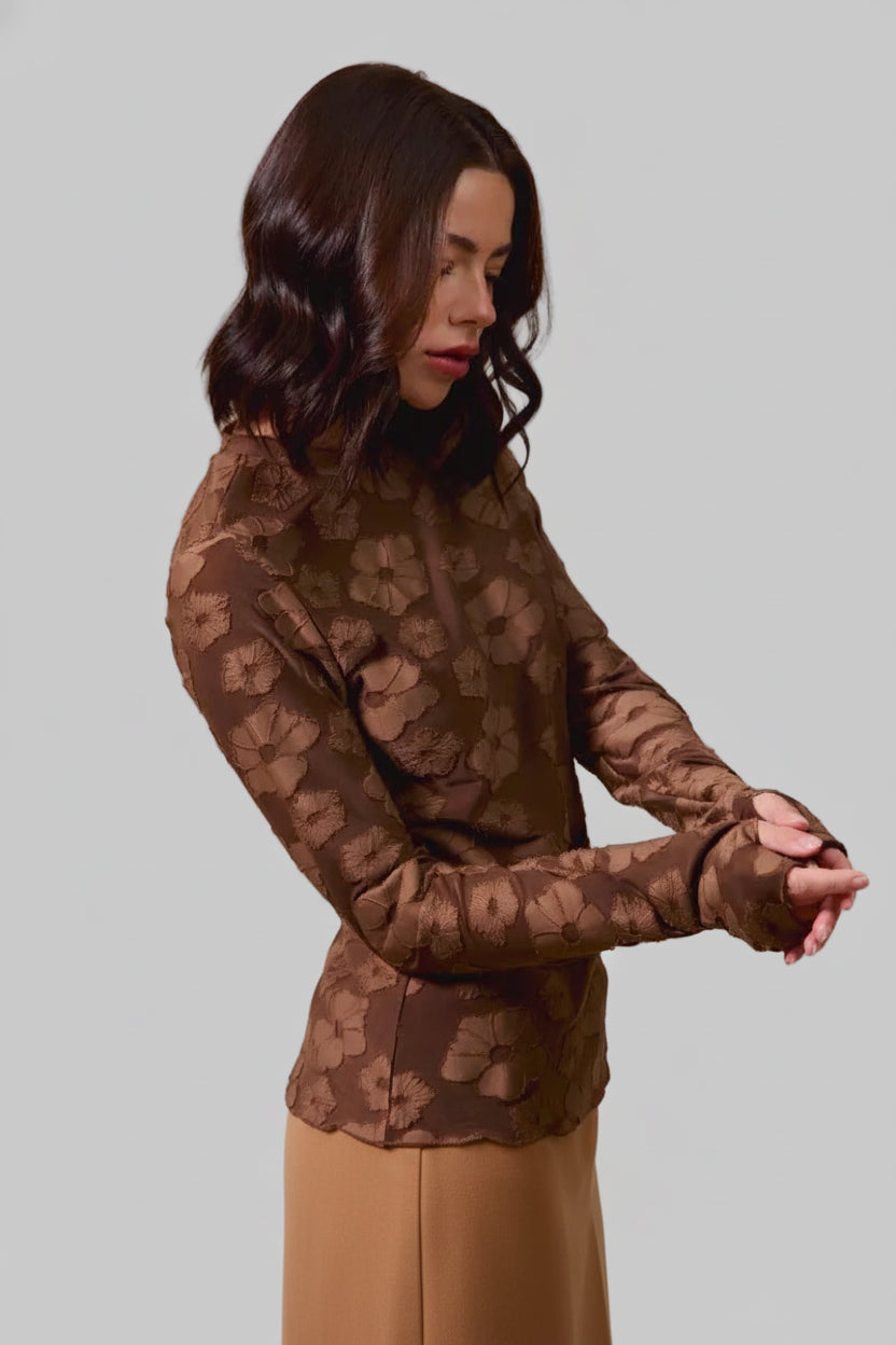Sandra Jacquard Chocolate Top with Thumb Opening