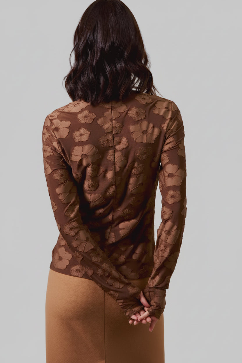 Sandra Jacquard Chocolate Top with Thumb Opening