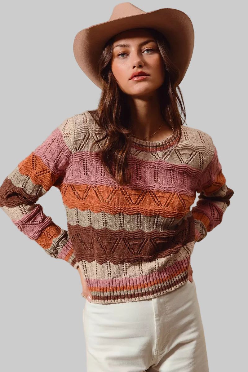 Sara Boho Multi Color Wavy Stripe Sweater Top