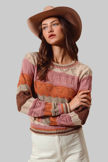 Sara Boho Multi Color Wavy Stripe Sweater Top