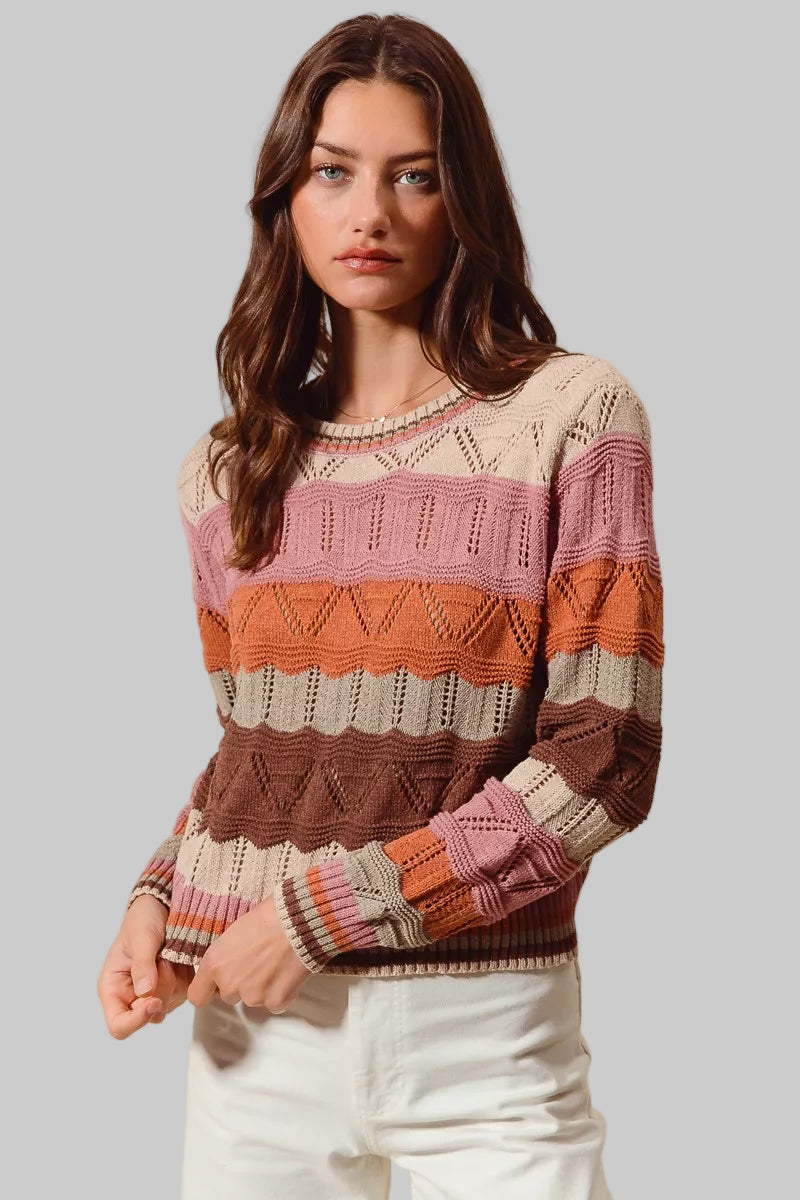 Sara Boho Multi Color Wavy Stripe Sweater Top