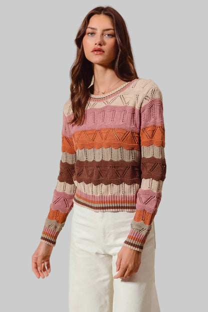 Sara Boho Multi Color Wavy Stripe Sweater Top
