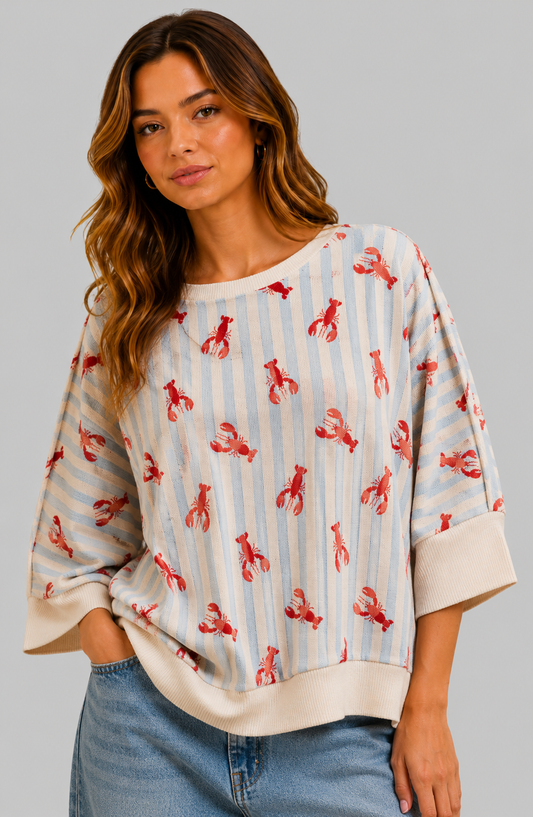 Sara Coastal Lobster Stripe Waffle Knit Top