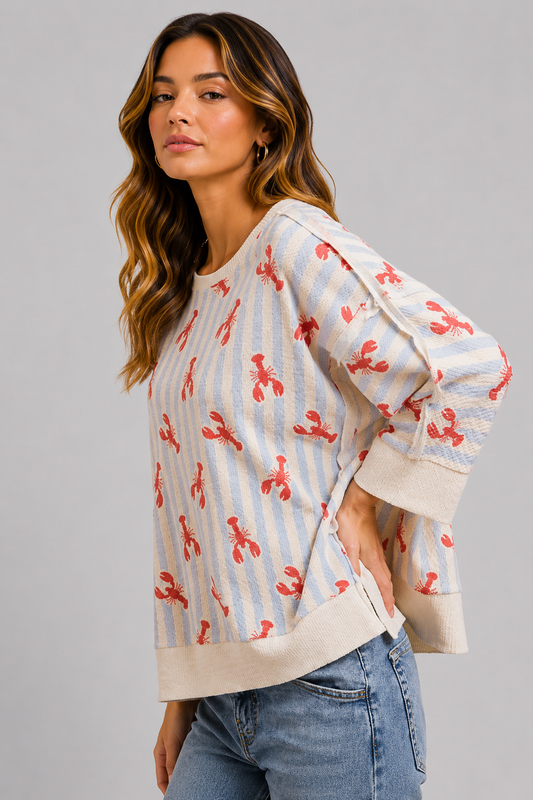 Sara Coastal Lobster Stripe Waffle Knit Top