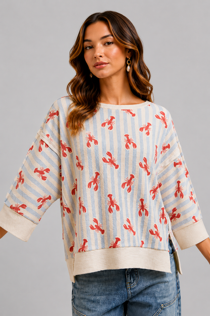 Sara Coastal Lobster Stripe Waffle Knit Top