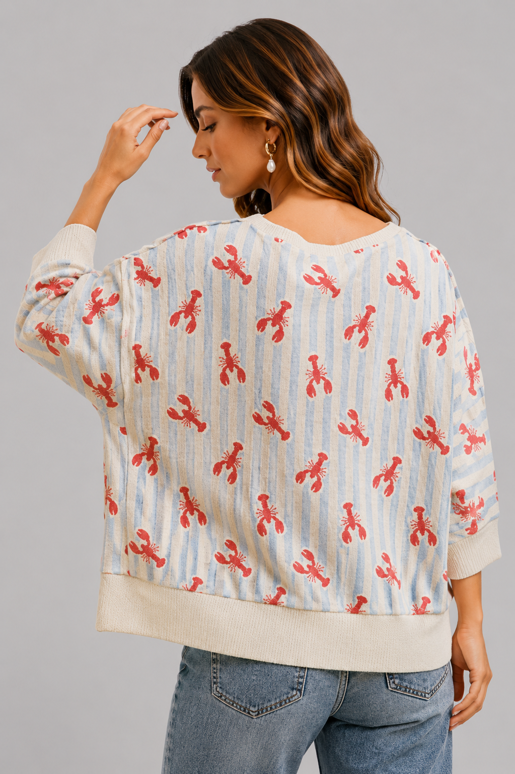 Sara Coastal Lobster Stripe Waffle Knit Top