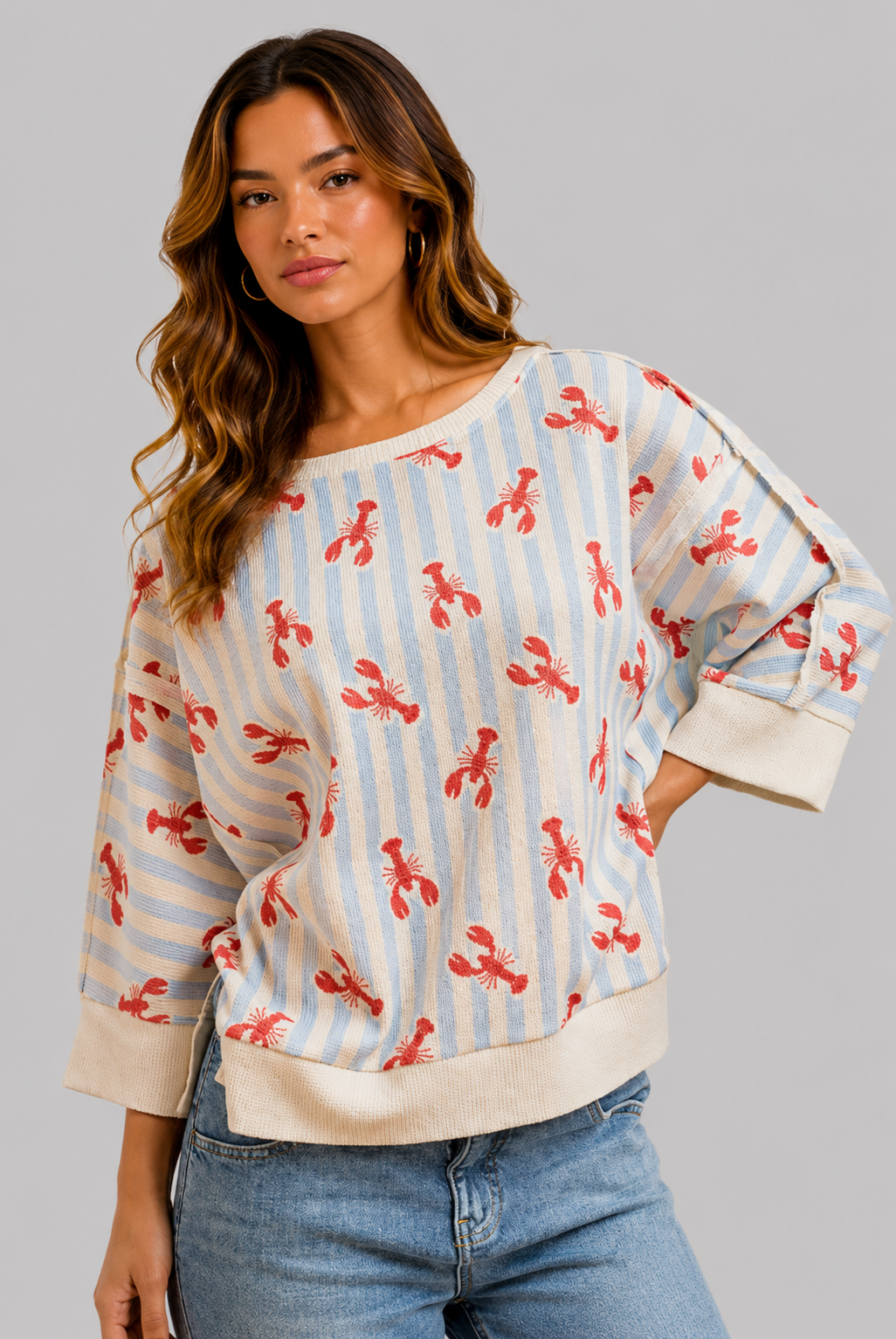Sara Coastal Lobster Stripe Waffle Knit Top