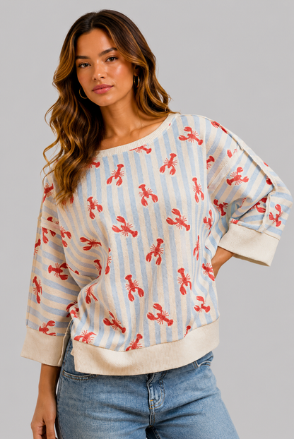 Sara Coastal Lobster Stripe Waffle Knit Top