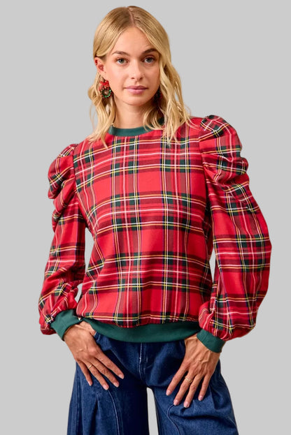 Shelby Boho Red Christmas Plaid Puff Shoulder Top