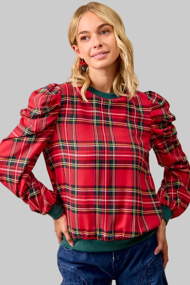 Shelby Boho Red Christmas Plaid Puff Shoulder Top