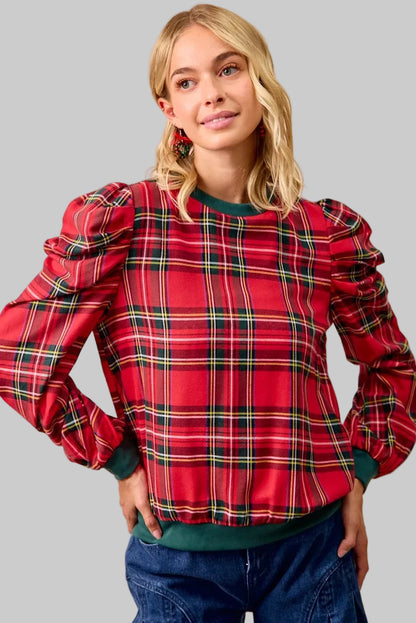 Shelby Boho Red Christmas Plaid Puff Shoulder Top