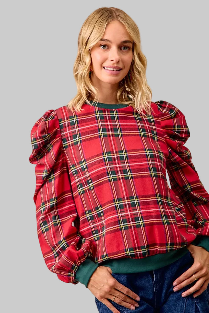 Shelby Boho Red Christmas Plaid Puff Shoulder Top
