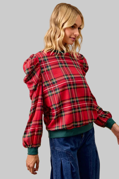 Shelby Boho Red Christmas Plaid Puff Shoulder Top