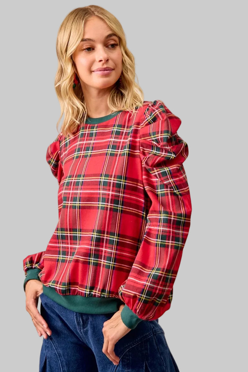 Shelby Boho Red Christmas Plaid Puff Shoulder Top