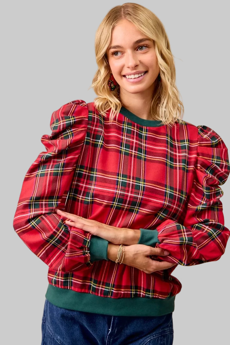 Shelby Boho Red Christmas Plaid Puff Shoulder Top