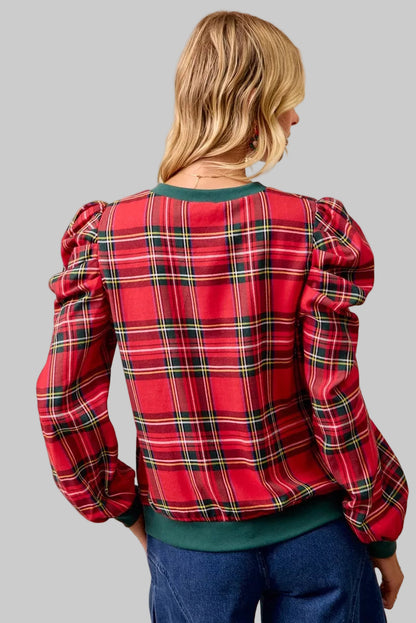 Shelby Boho Red Christmas Plaid Puff Shoulder Top