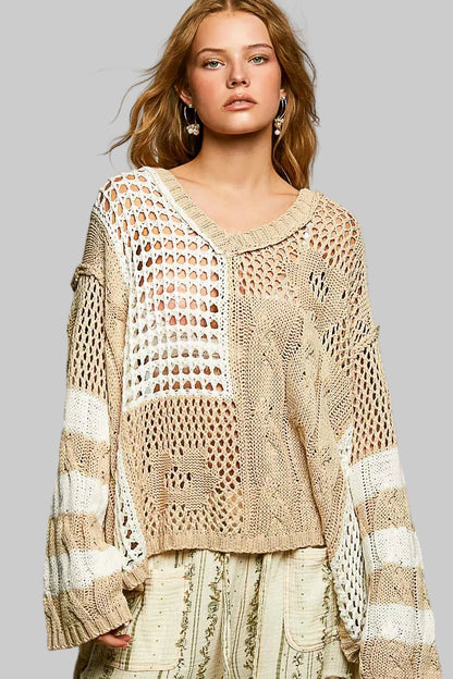 Sloane Boho Color Block Open Knit Sweater