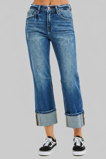 Stella High Rise Straight Jeans with Distressed Hem
