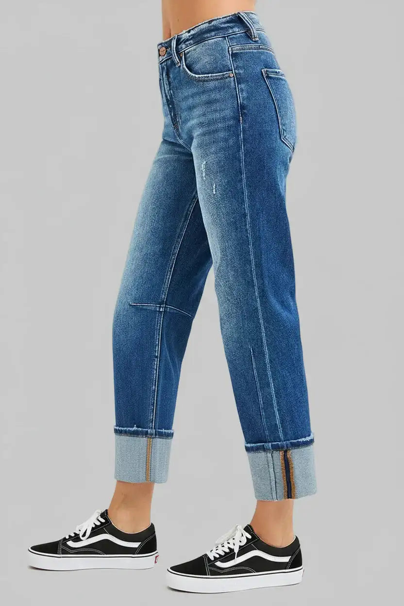 Stella High Rise Straight Jeans with Distressed Hem