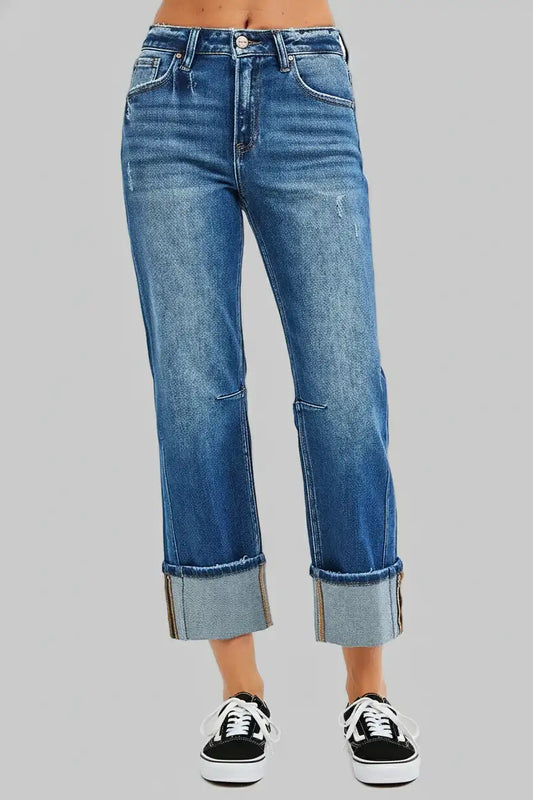 Stella High Rise Straight Jeans with Distressed Hem