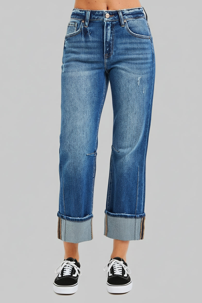 Stella High Rise Straight Jeans with Distressed Hem