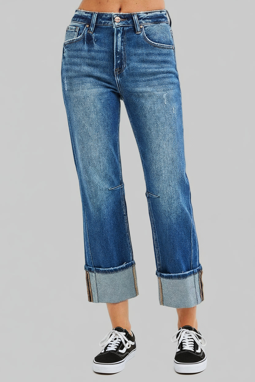 Stella High Rise Straight Jeans with Distressed Hem
