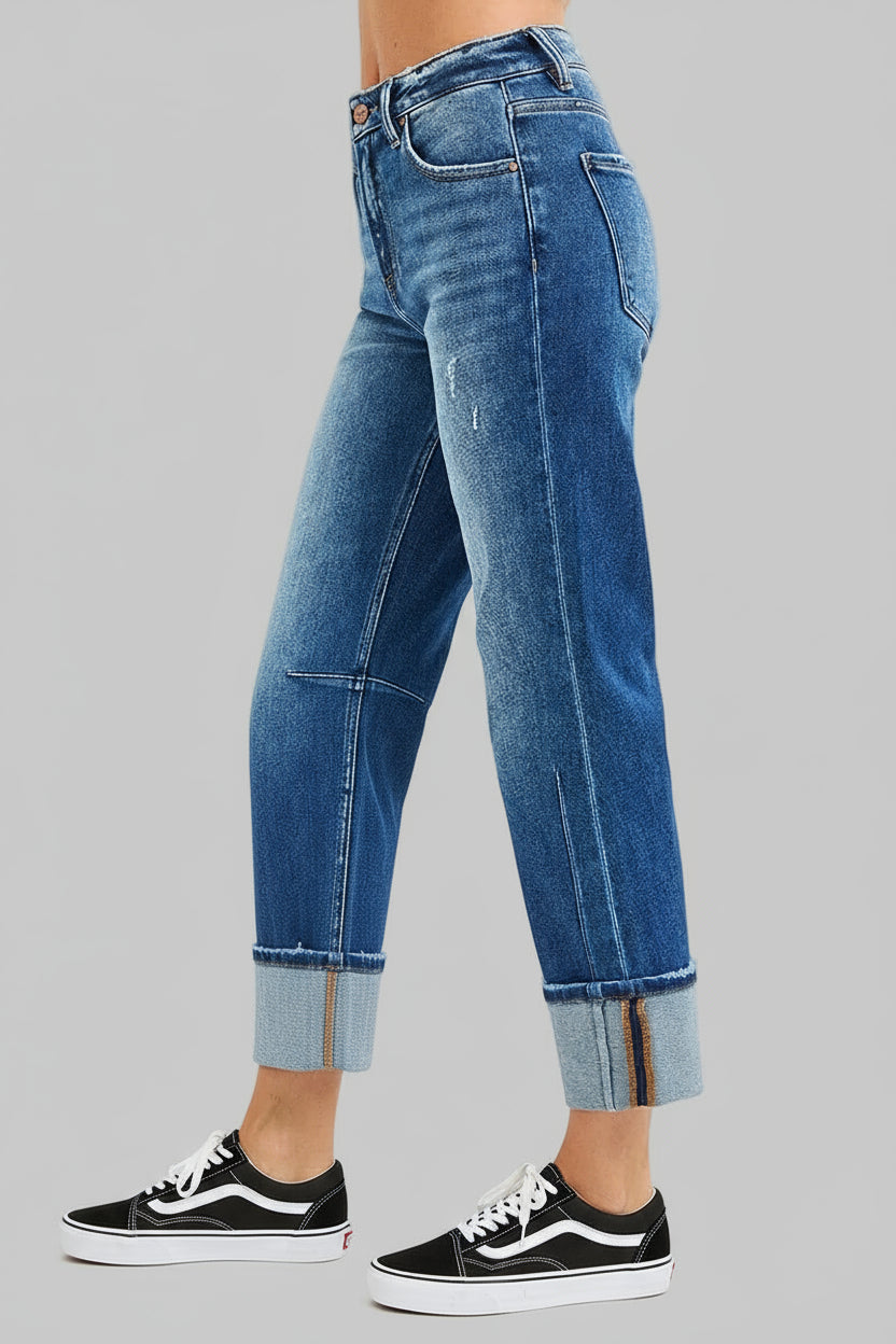 Stella High Rise Straight Jeans with Distressed Hem