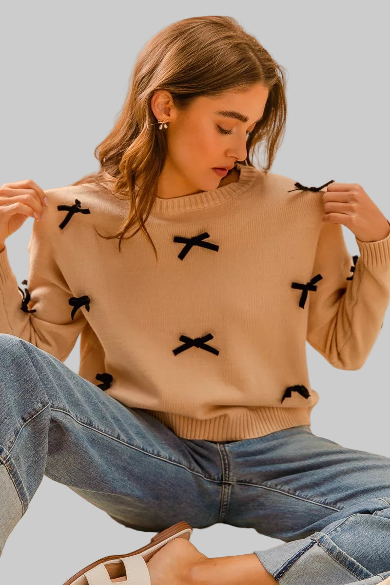 Stephanie Boho Ribbon Bow Applique Sweater