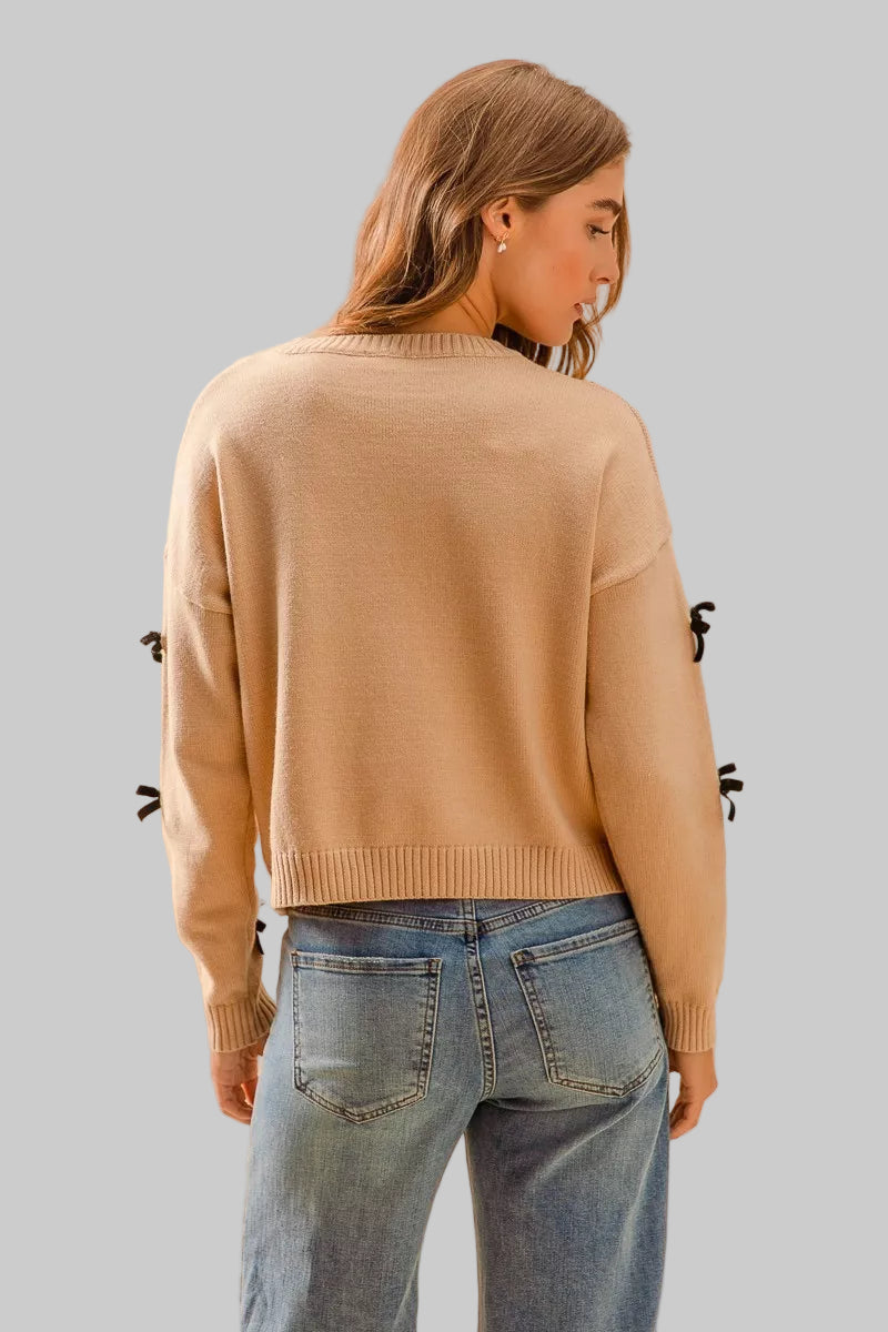Stephanie Boho Ribbon Bow Applique Sweater