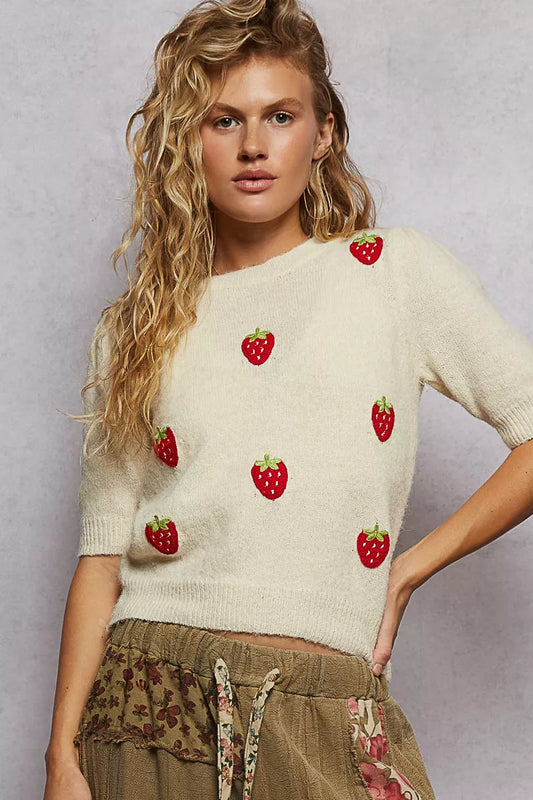 Sweet Round Neck Strawberry Patch Sweater with Shirring Shoulder