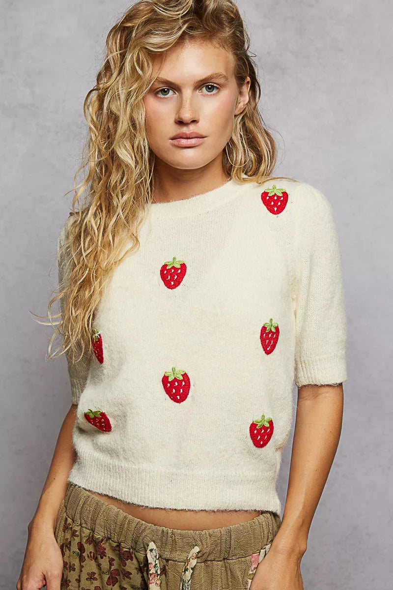 Sweet Round Neck Strawberry Patch Sweater with Shirring Shoulder