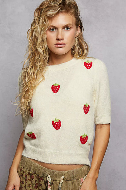Sweet Round Neck Strawberry Patch Sweater with Shirring Shoulder