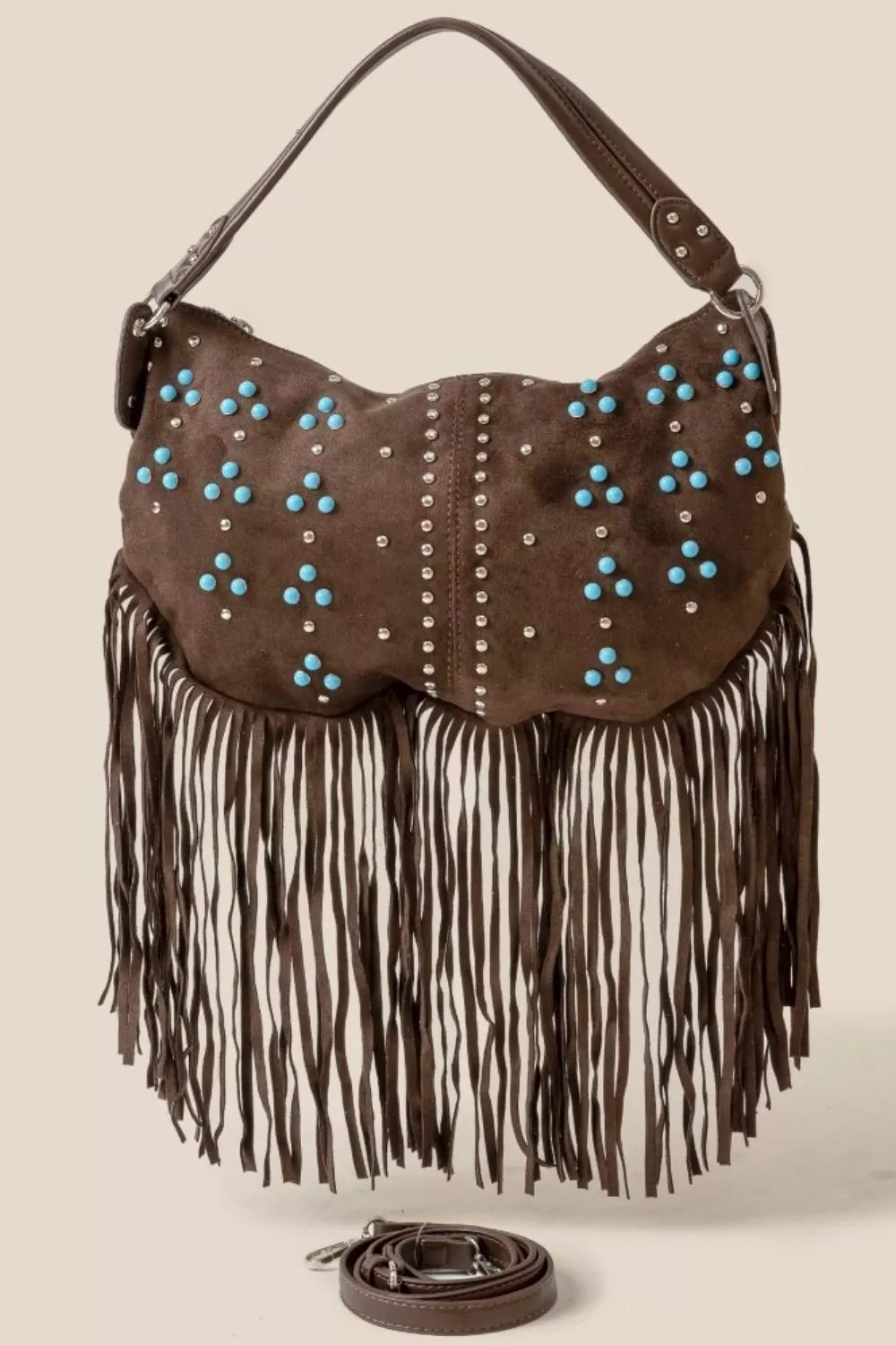 Trinity Studded Pattern Multi Fringe Hobo Shoulder Bag Brown