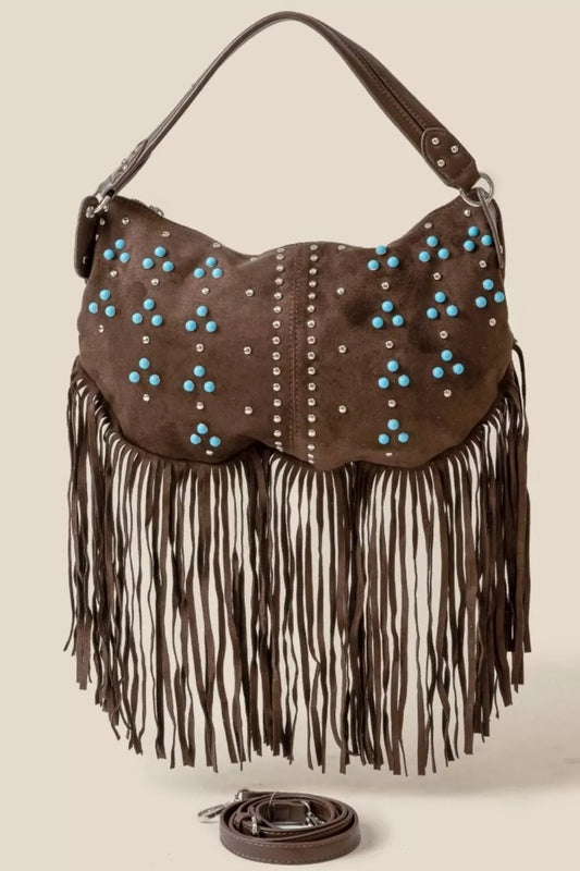 Trinity Studded Pattern Multi Fringe Hobo Shoulder Bag Brown