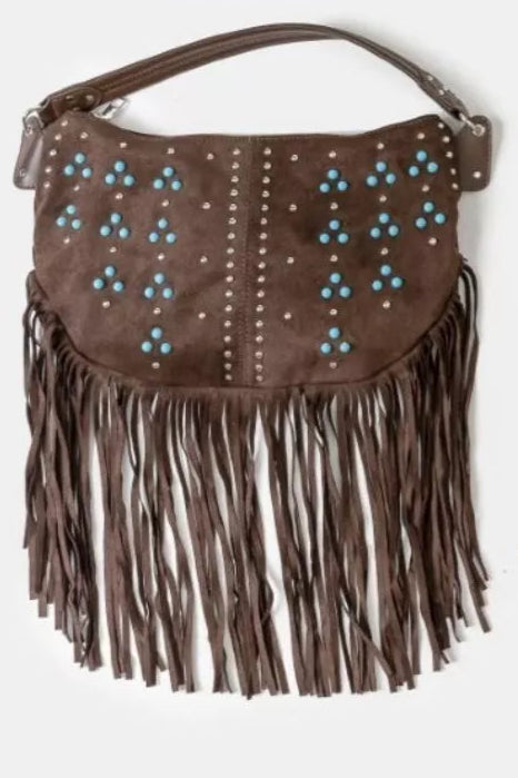 Trinity Studded Pattern Multi Fringe Hobo Shoulder Bag Brown