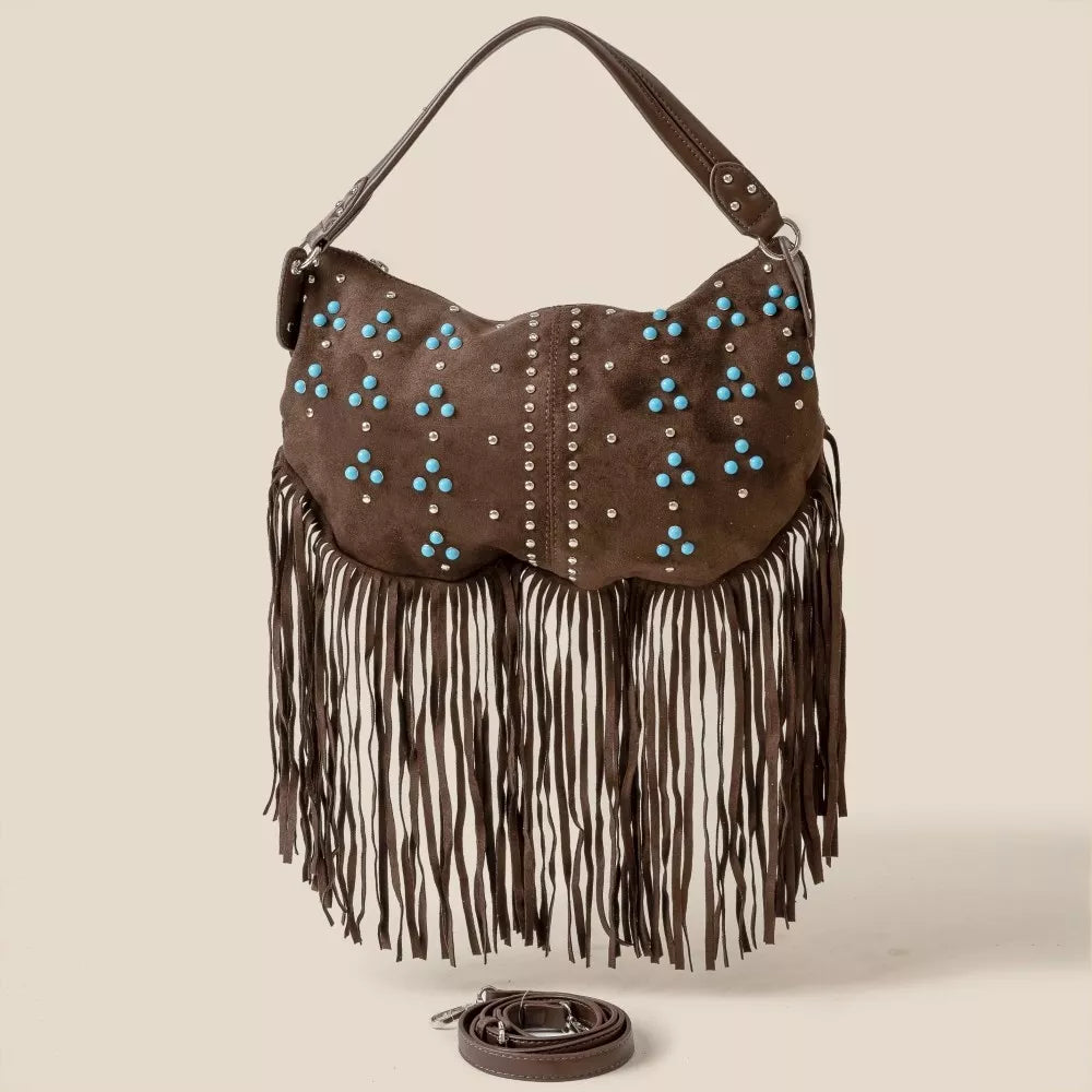 Trinity Studded Pattern Multi Fringe Hobo Shoulder Bag Brown