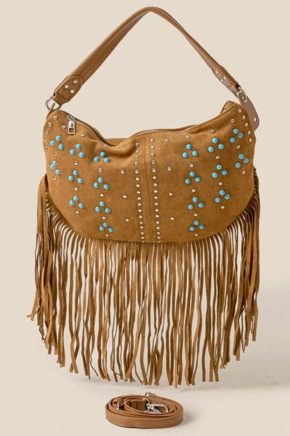 Trinity Studded Pattern Multi Fringe Hobo Shoulder Bag Camel