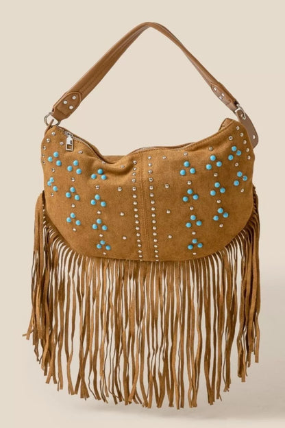 Trinity Studded Pattern Multi Fringe Hobo Shoulder Bag Camel