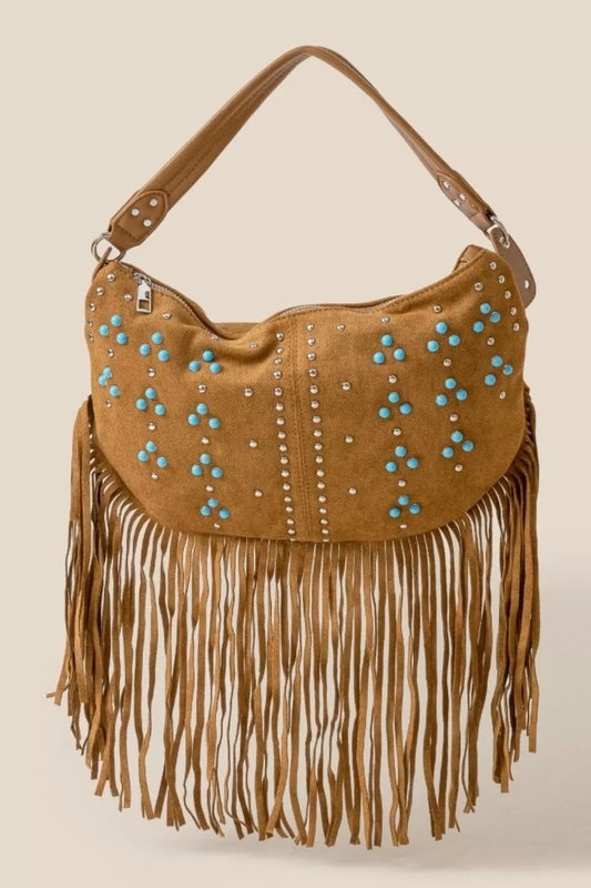 Trinity Studded Pattern Multi Fringe Hobo Shoulder Bag Camel