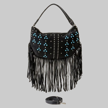 Trinity Western Studded Pattern Multi Fringe Hobo Shoulder Bag