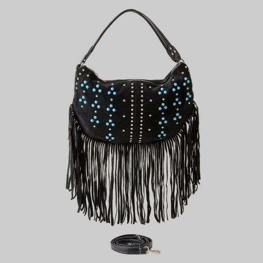 Trinity Western Studded Pattern Multi Fringe Hobo Shoulder Bag