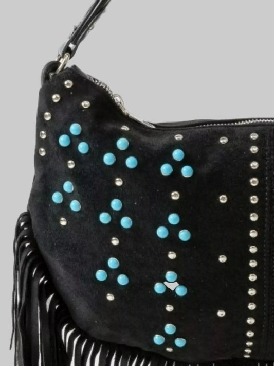 Trinity Western Studded Pattern Multi Fringe Hobo Shoulder Bag